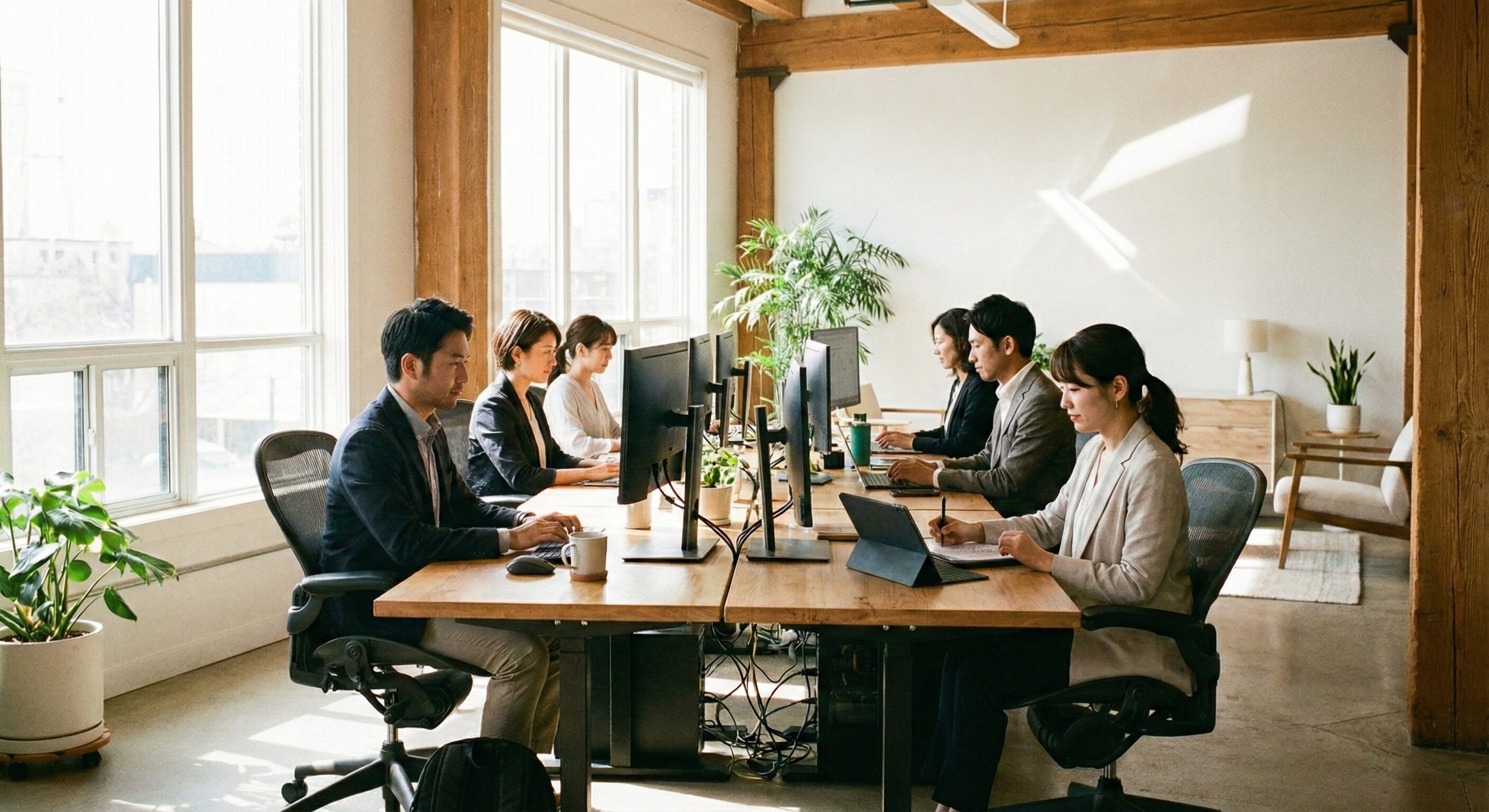 明るい自然光が差し込むモダンなオフィスの風景。デスクにはモニターが並び、少人数のチームが集中して作業している様子。清潔感と落ち着きのある業務環境を表現。