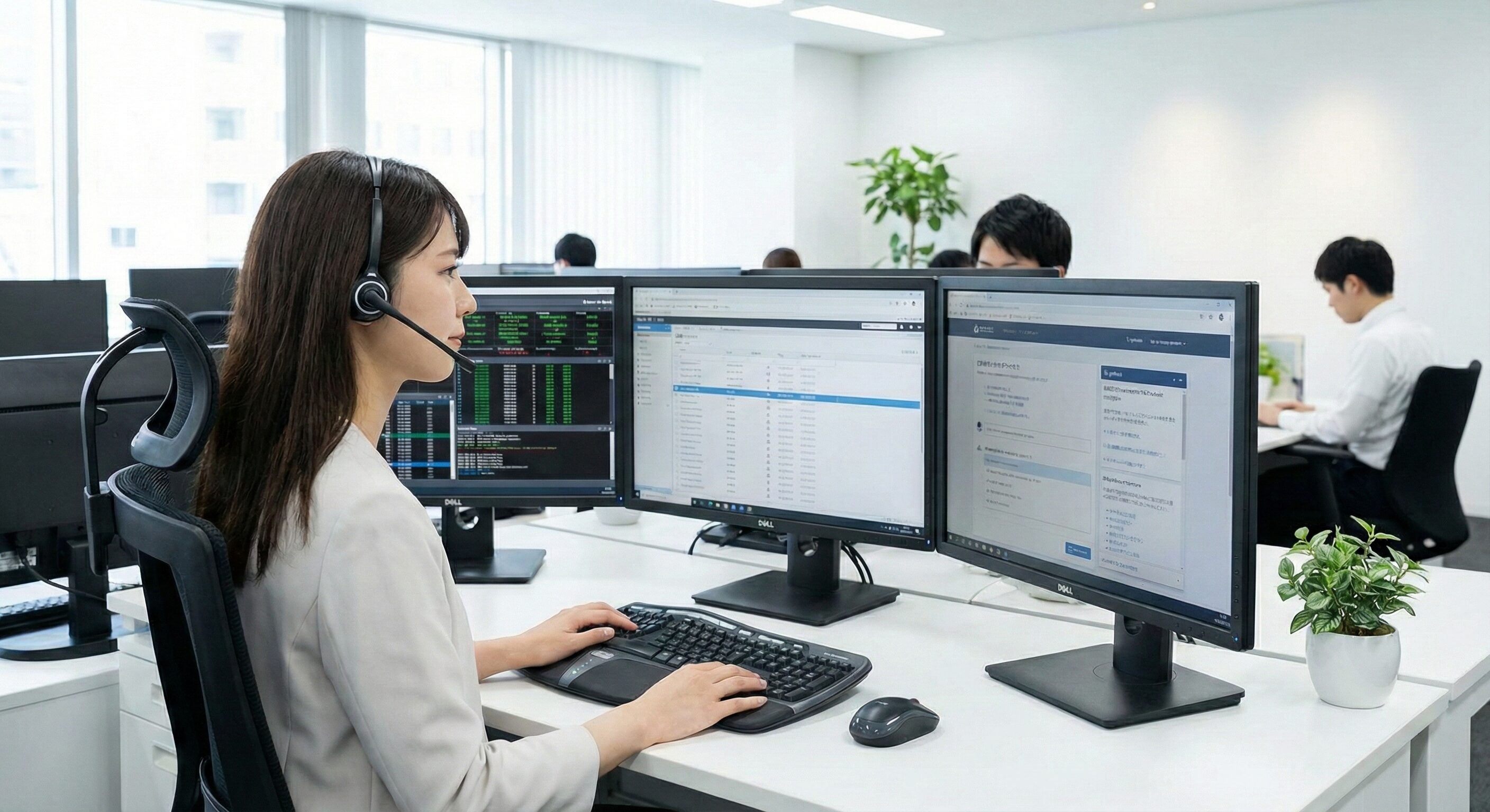 複数のモニターを前にオペレーターがヘッドセットを装着して業務を行っている写真。整理された業務環境で、プロフェッショナルなサポート体制を表現。