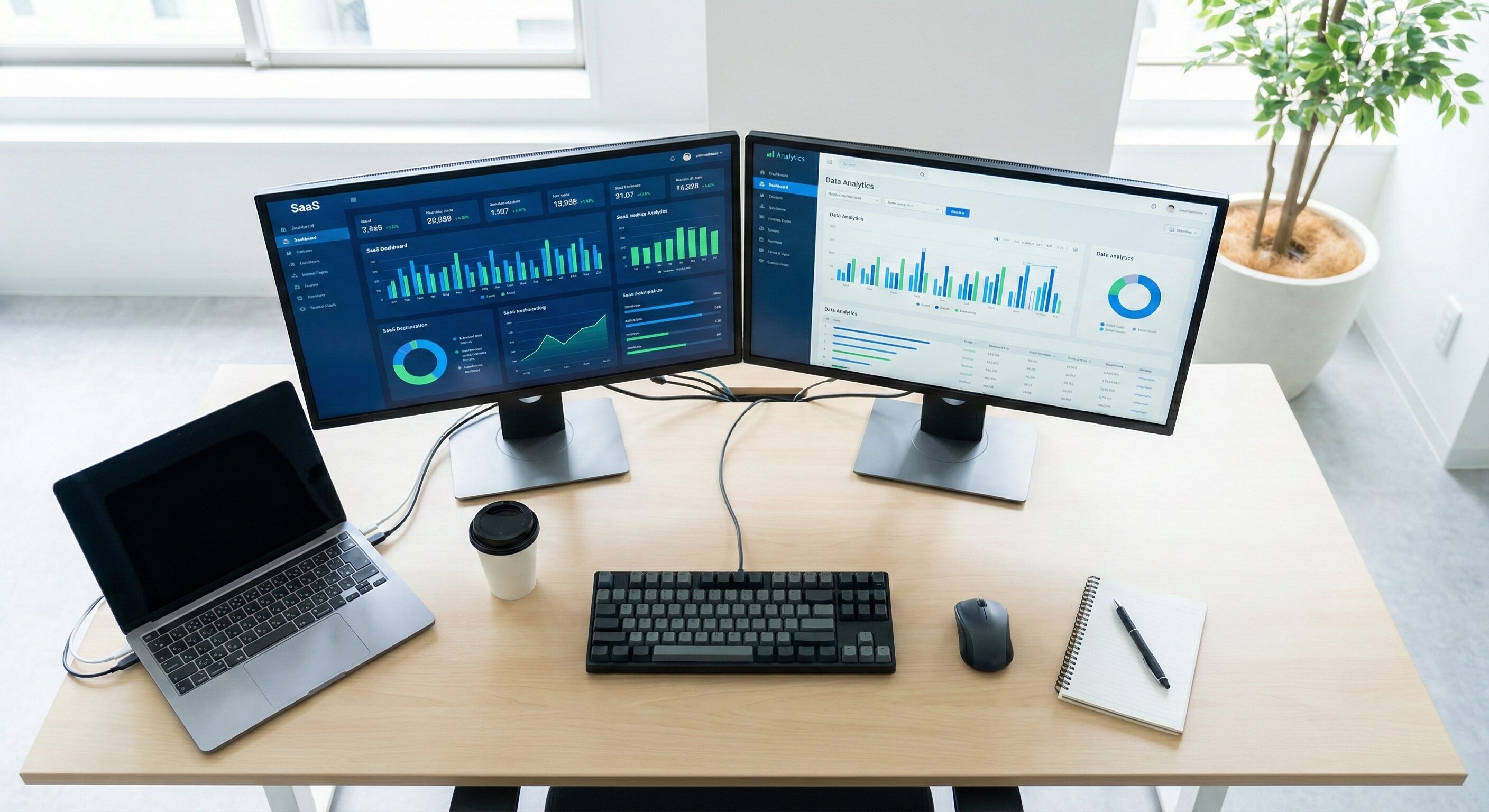 複数のモニターにSaaSのダッシュボード画面やデータ分析画面が表示されたオフィスデスクの俯瞰写真。整然としたデスク環境で、テクノロジー企業の開発現場の雰囲気を表現。