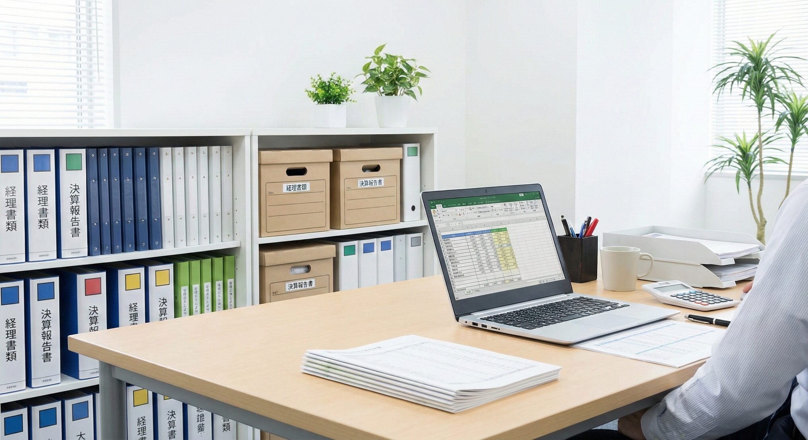 書類とノートPCが整然と並んだ経営管理部門のデスク。経理書類やファイルが整理された棚と、清潔感のあるオフィスデスクの写真。
