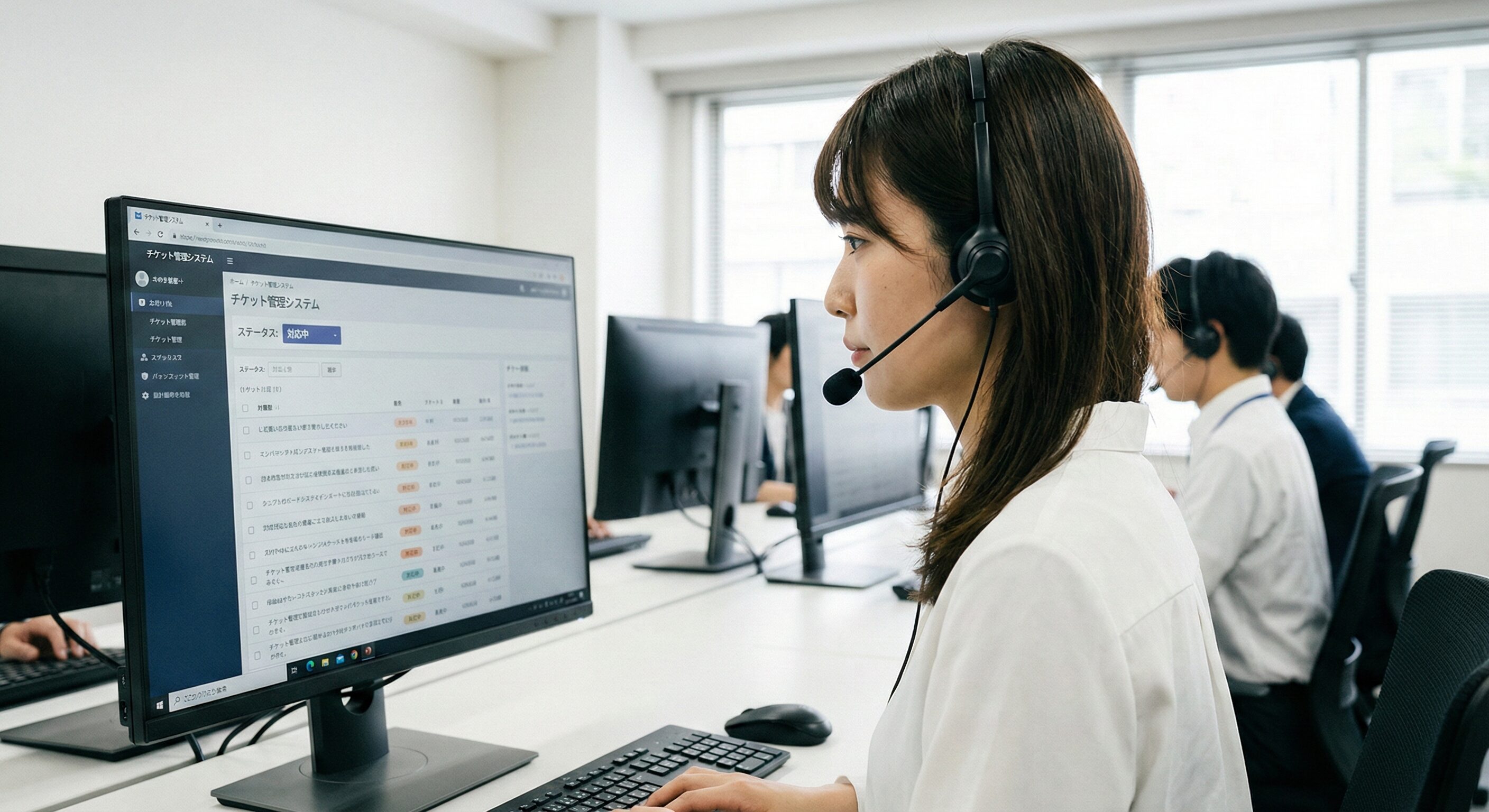 ヘッドセットを装着してモニターを見ながら業務を行うオペレーターの横顔写真。画面にはチケット管理システムが表示されている。明るく整理されたオフィス。