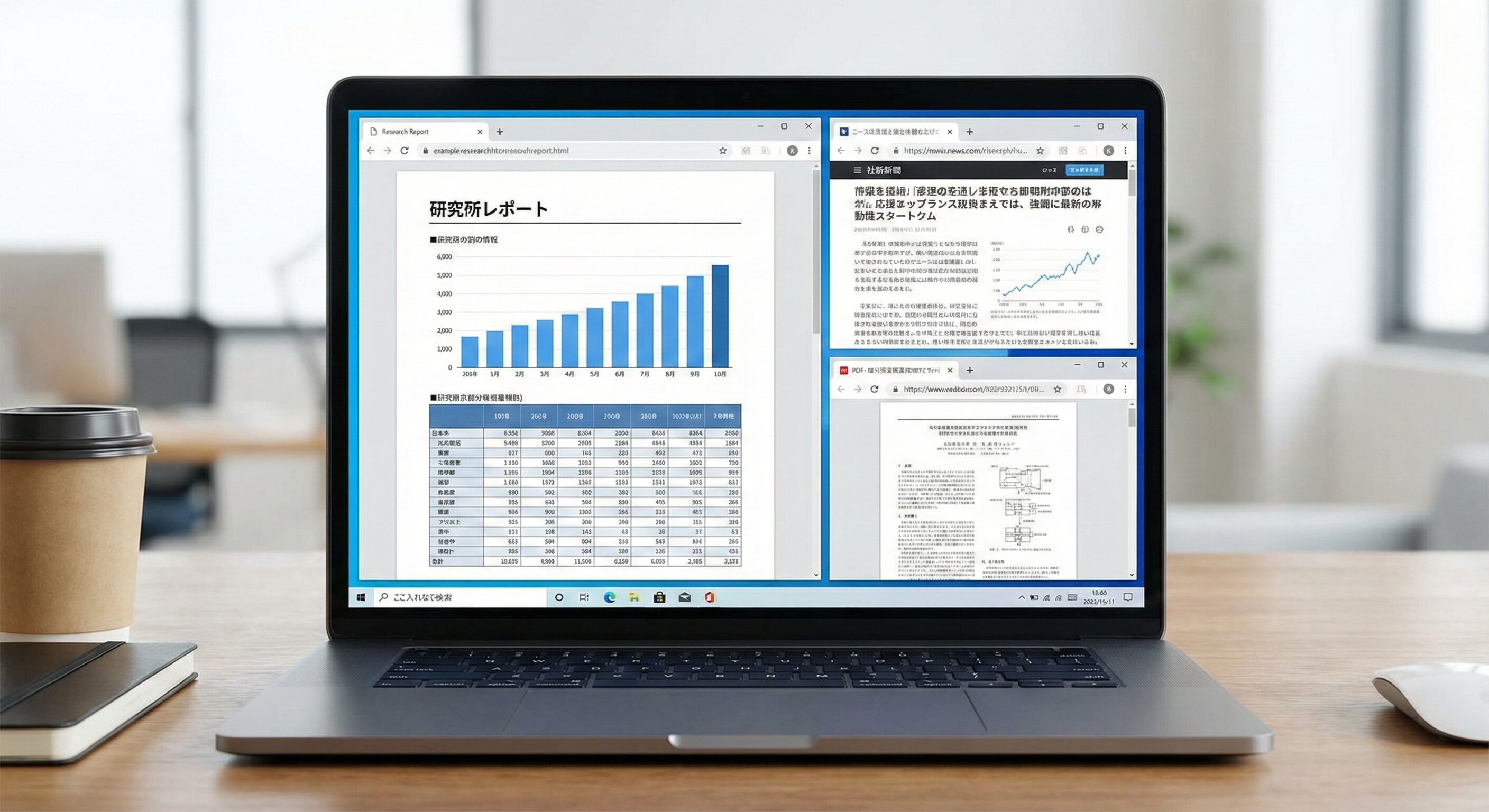 データ分析のグラフやチャートが表示されたPC画面。棒グラフや折れ線グラフが青系の配色で表示され、効率的な情報収集の様子を表現。