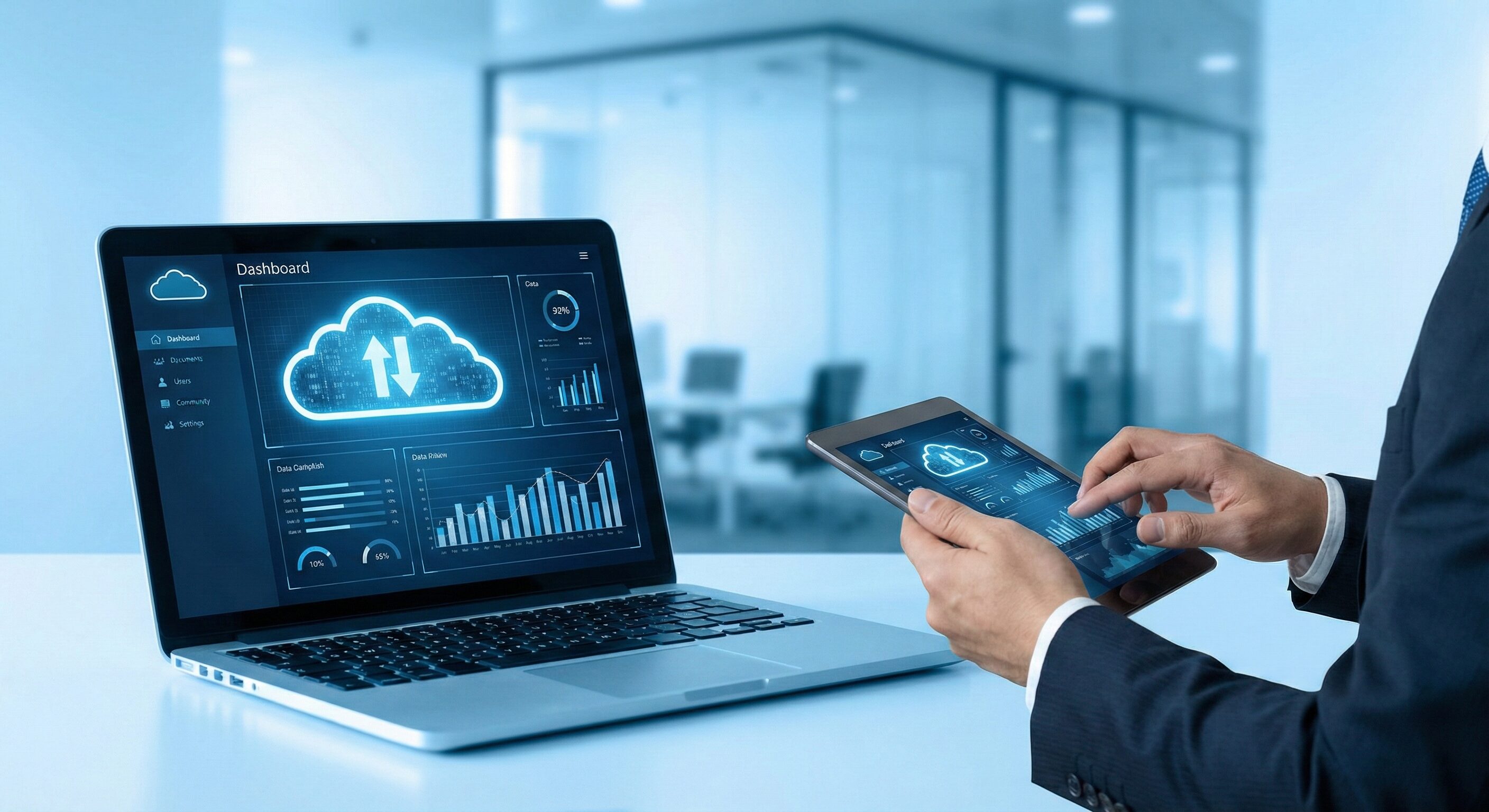 クラウドサービスのダッシュボード画面を表示したノートPCと、その横でタブレットを操作するビジネスパーソンの手元。青白い光のトーンで清潔感・テクノロジー感のあるイメージ。背景はオフィスの一角がぼけて映っている。