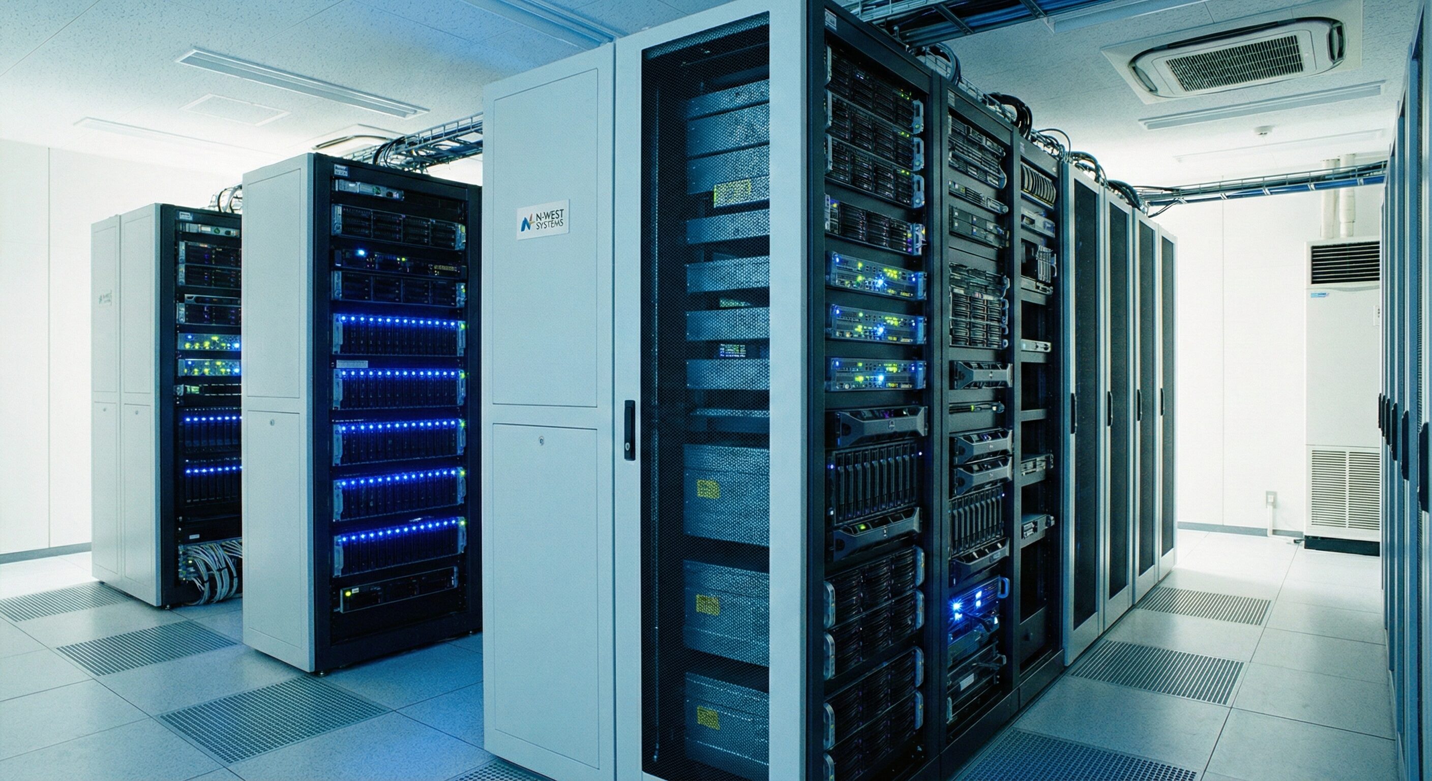 サーバールーム内のラックに収められたサーバー機器の写真。青いLEDインジケーターが光っており、データセンターの安全性と信頼性を表現。