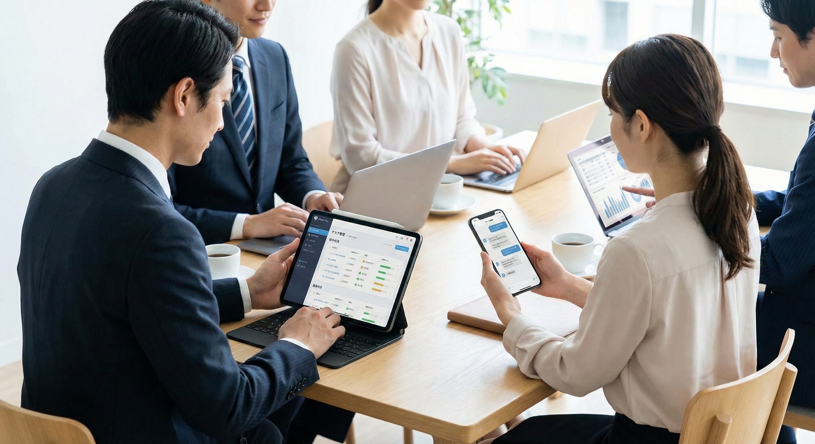 タブレットやスマートフォンで業務支援アプリを使用している複数のビジネスパーソン。デバイスにはタスク管理画面やチャットインターフェースが表示されている。