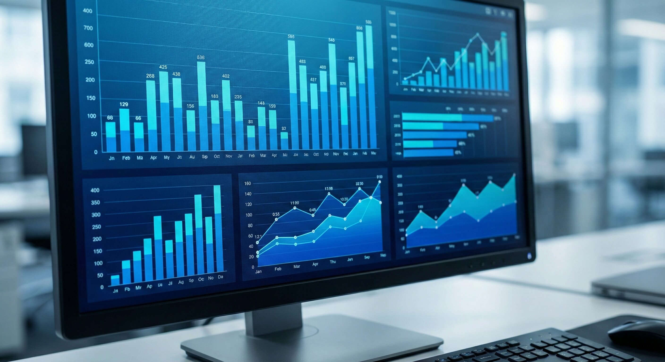 データ分析のグラフやチャートが表示されたモニター画面のクローズアップ。棒グラフや折れ線グラフが青系の配色で表示されている。