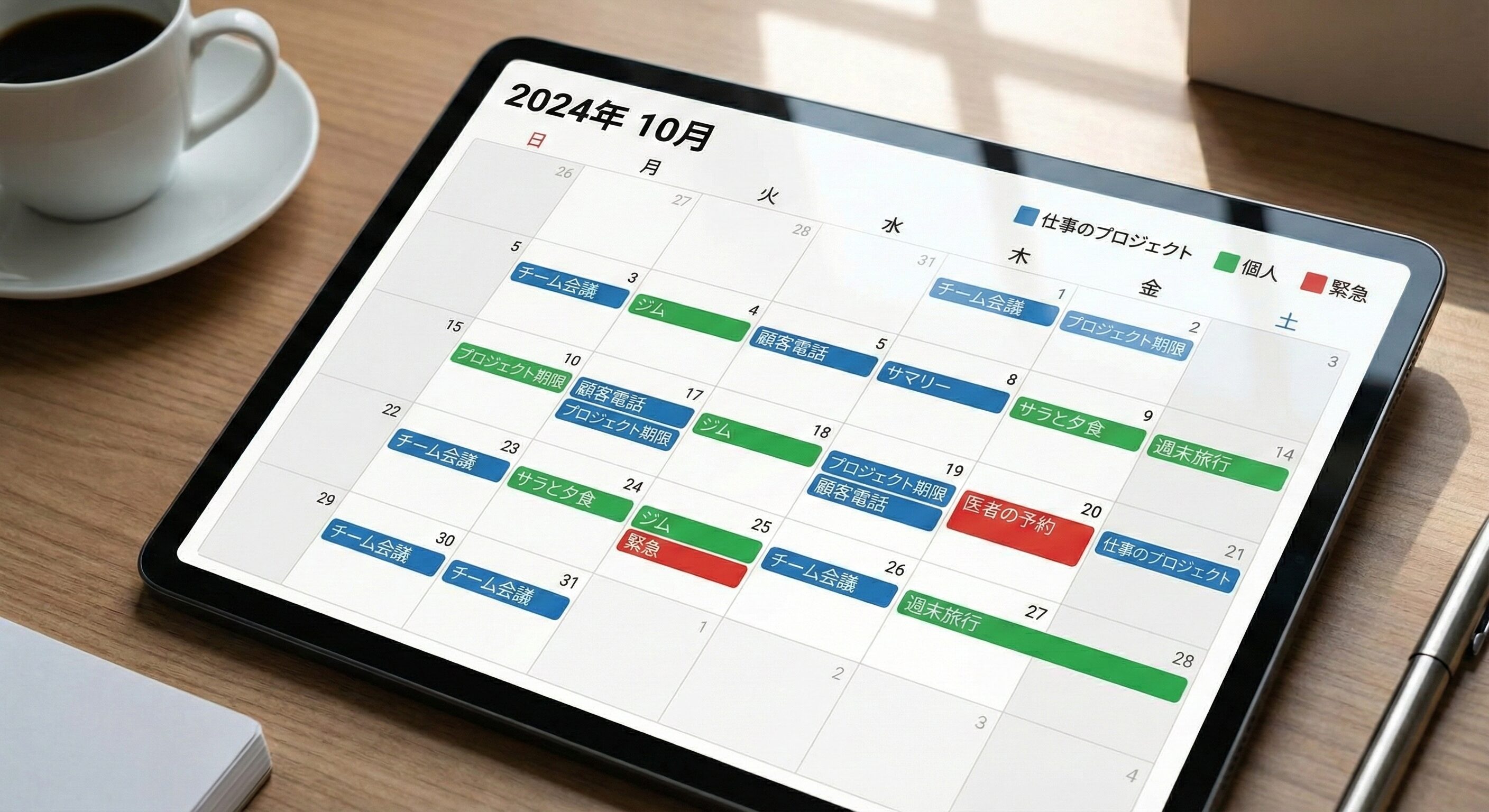 カレンダーアプリが表示されたタブレット端末の画面。色分けされた予定が整然と並んでおり、スケジュール管理の効率性を表現。