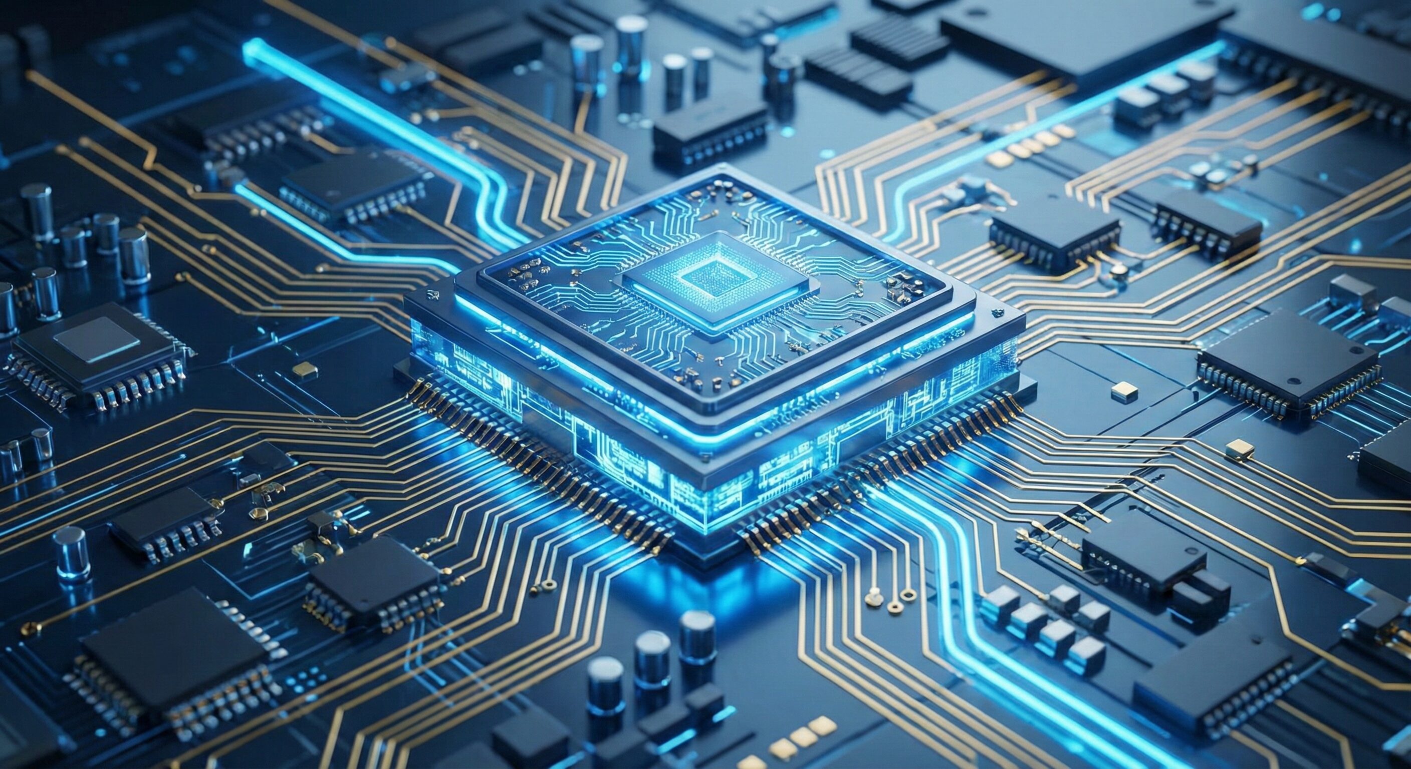 AIチップや回路基板のクローズアップ写真。青い光がほのかに光り、先端技術を象徴するイメージ。