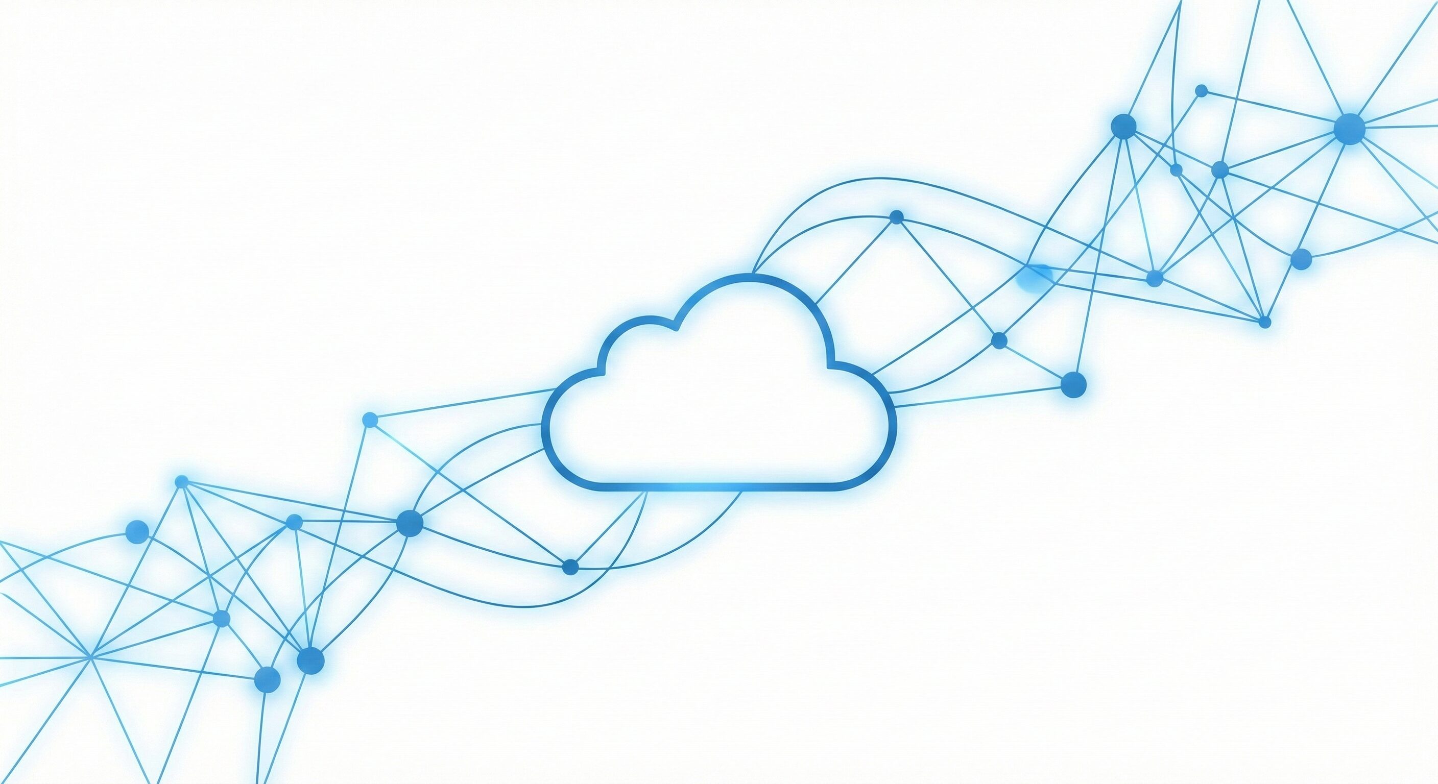 クラウドアイコンとネットワーク接続を表す抽象的なイラスト。白背景に青い線とノードで構成されたシンプルなテクノロジーイメージ。