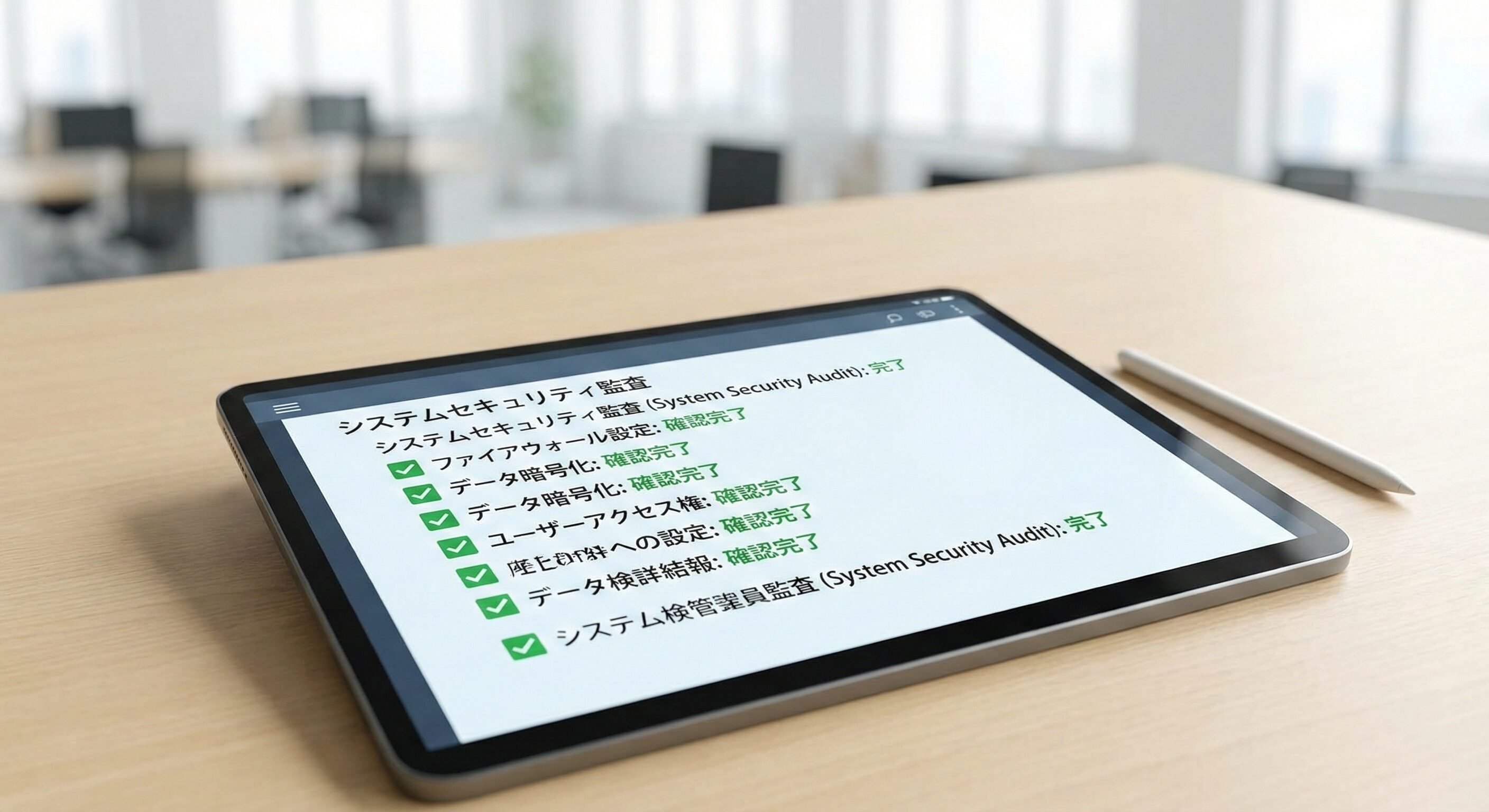 精密なチェックリストが表示されたタブレット画面に、確認完了のチェックマークが並んでいる写真。正確さと確実性を表現する。